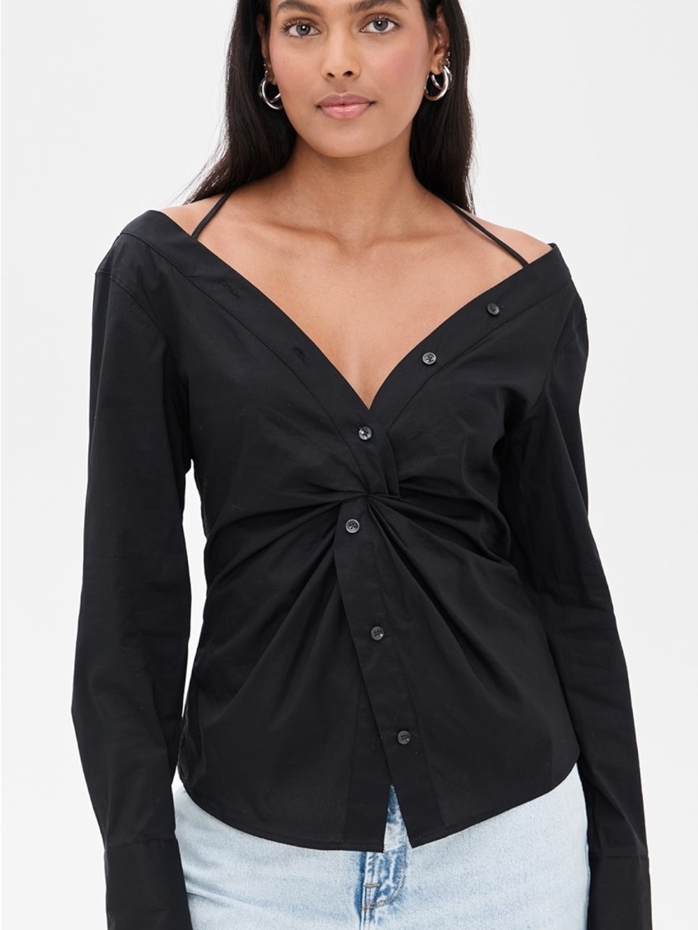Good American Twist-Front Black Women's Button-Up Top